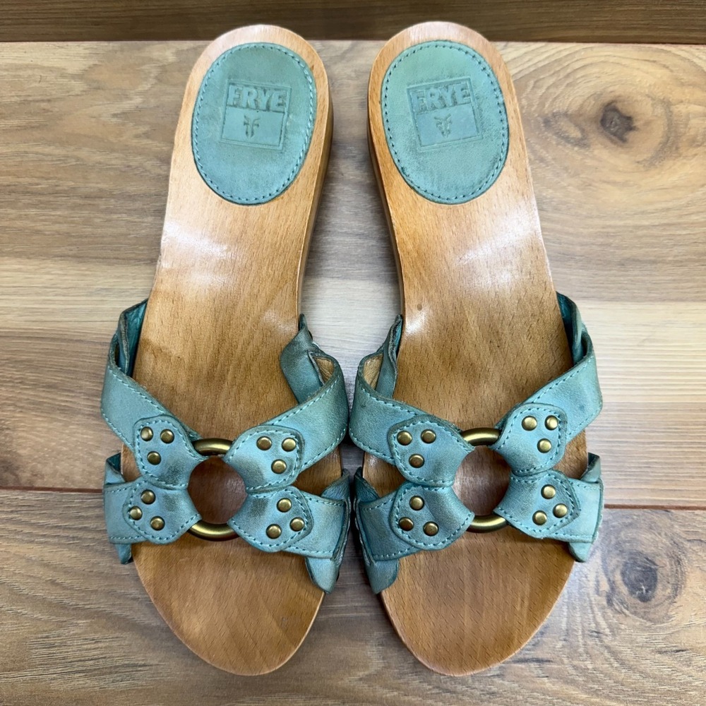 Frye Teal Leather Wood-Soled Slide Sandals